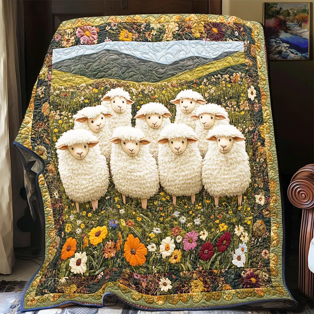 Lovely Sheep In The Hill Quilt Blanket Fluffy Throw Blanket Presents For Sheep Lovers