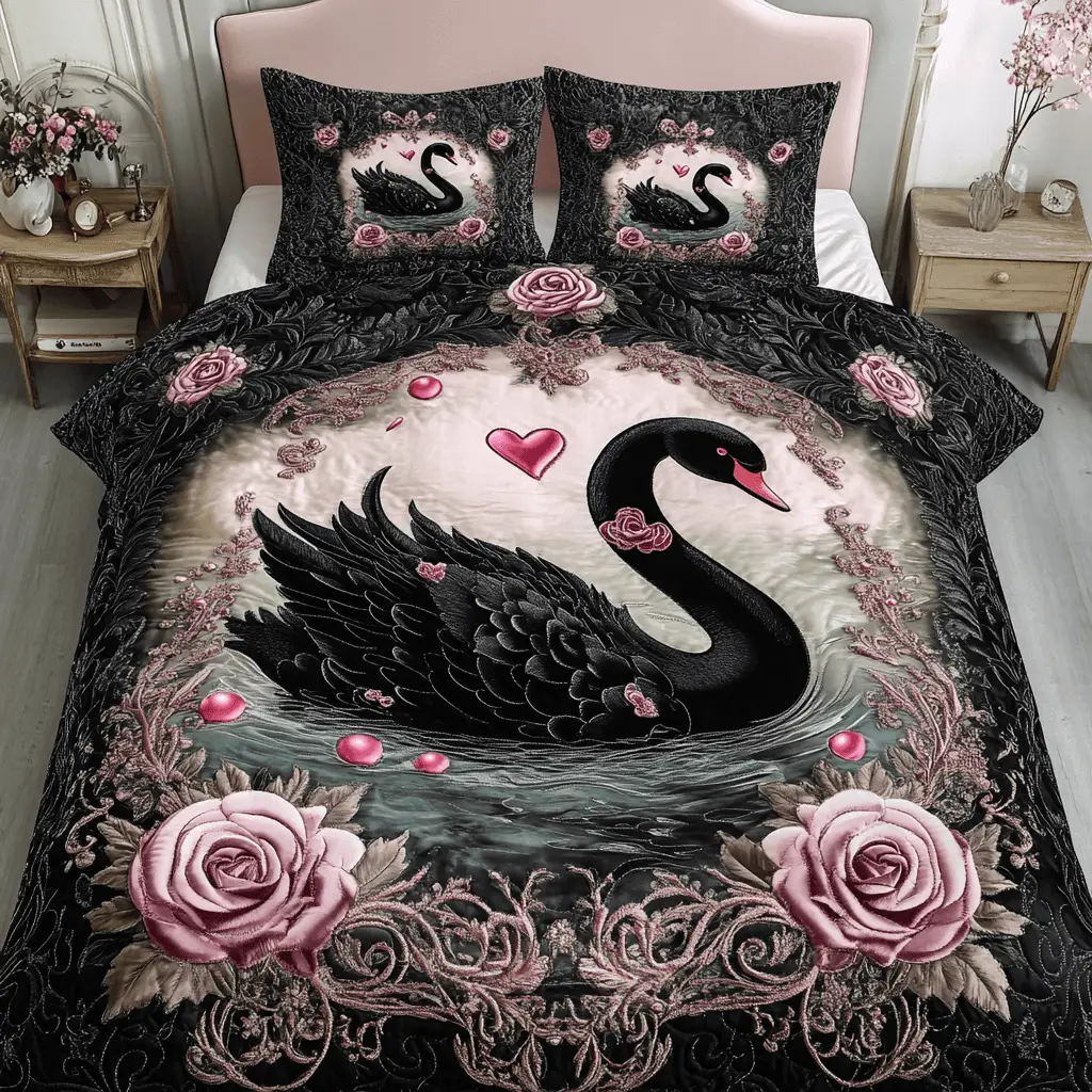 Loving Waters Quilted Bedding Set Black Swan Vintage Bedroom Decor Valentine'S Day Gifts