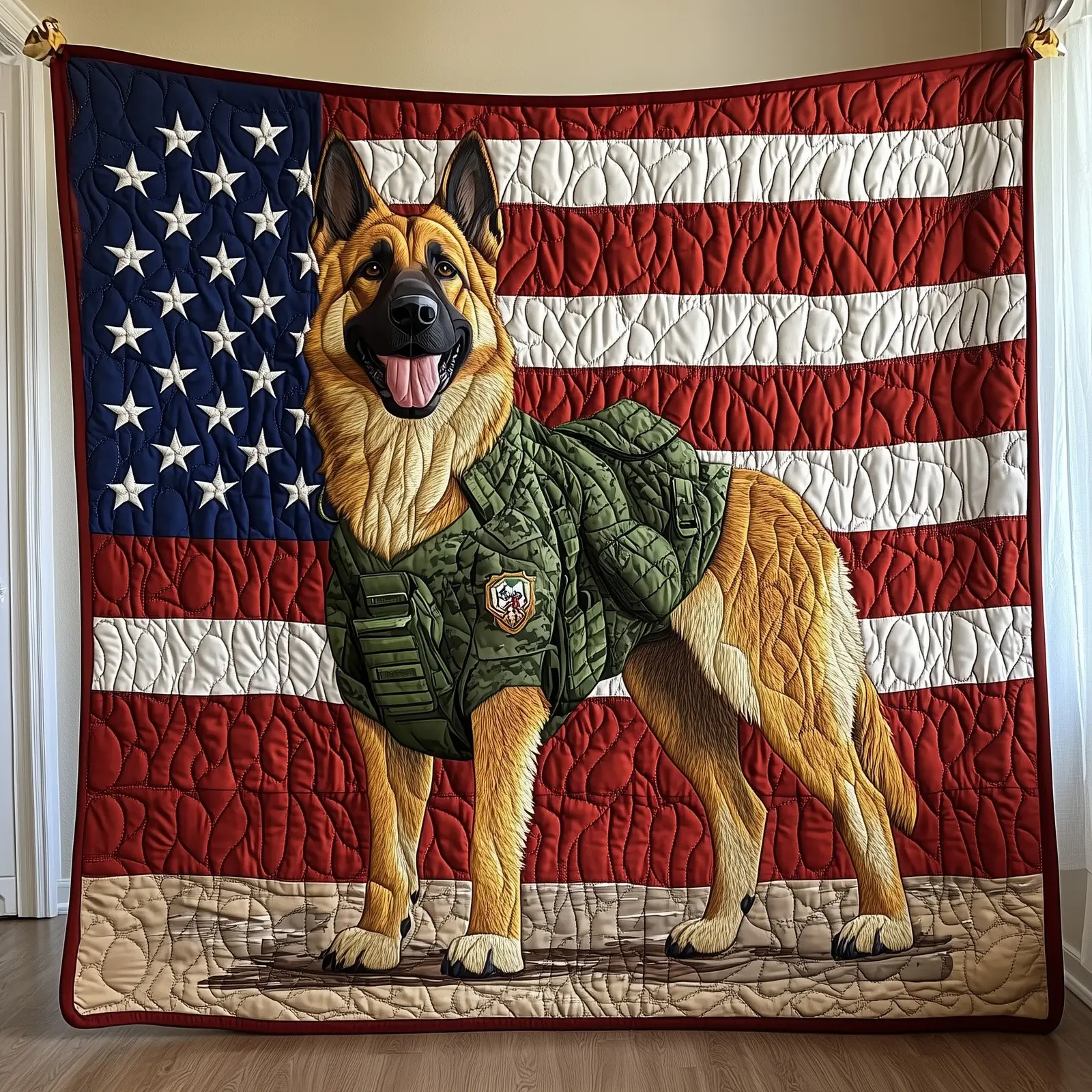 Loyal Defender Quilted Blanket USA Flag Military Dog Patriotic Gifts For German Shepherd Lover