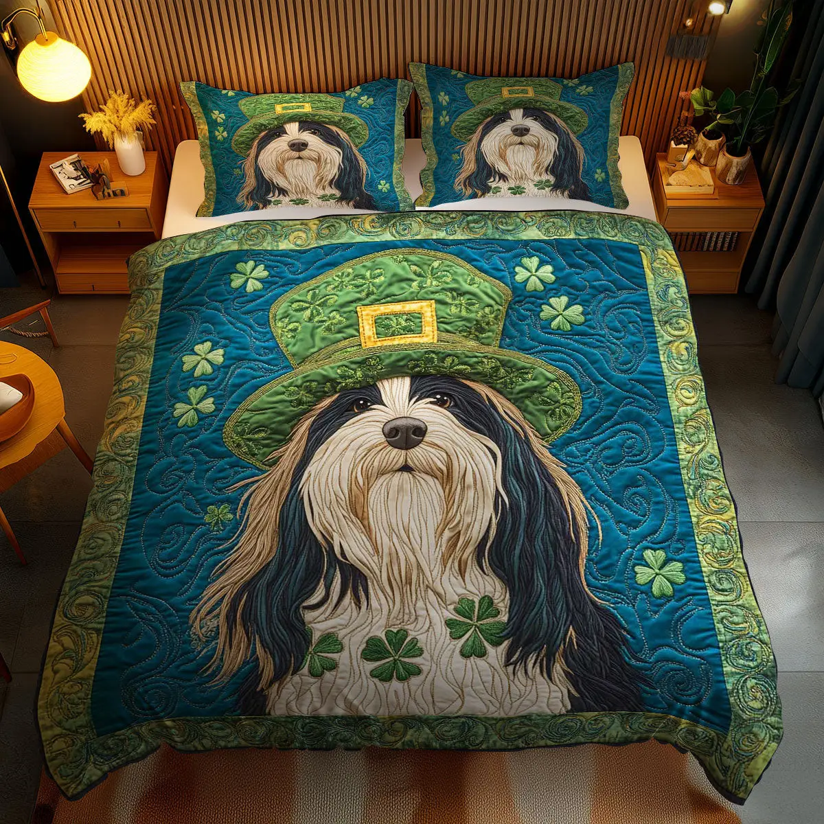 Lucky Bearded Collie Quilted Bedding Set Home Decor St Patricks Day Gifts For Girlfriend