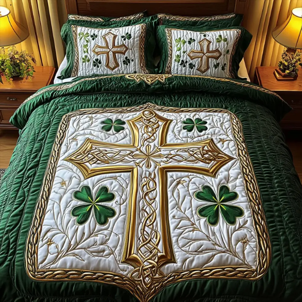 Lucky Celtic Cross St Patrick's Day Quilt Bedding Set Idea Gift For Irish