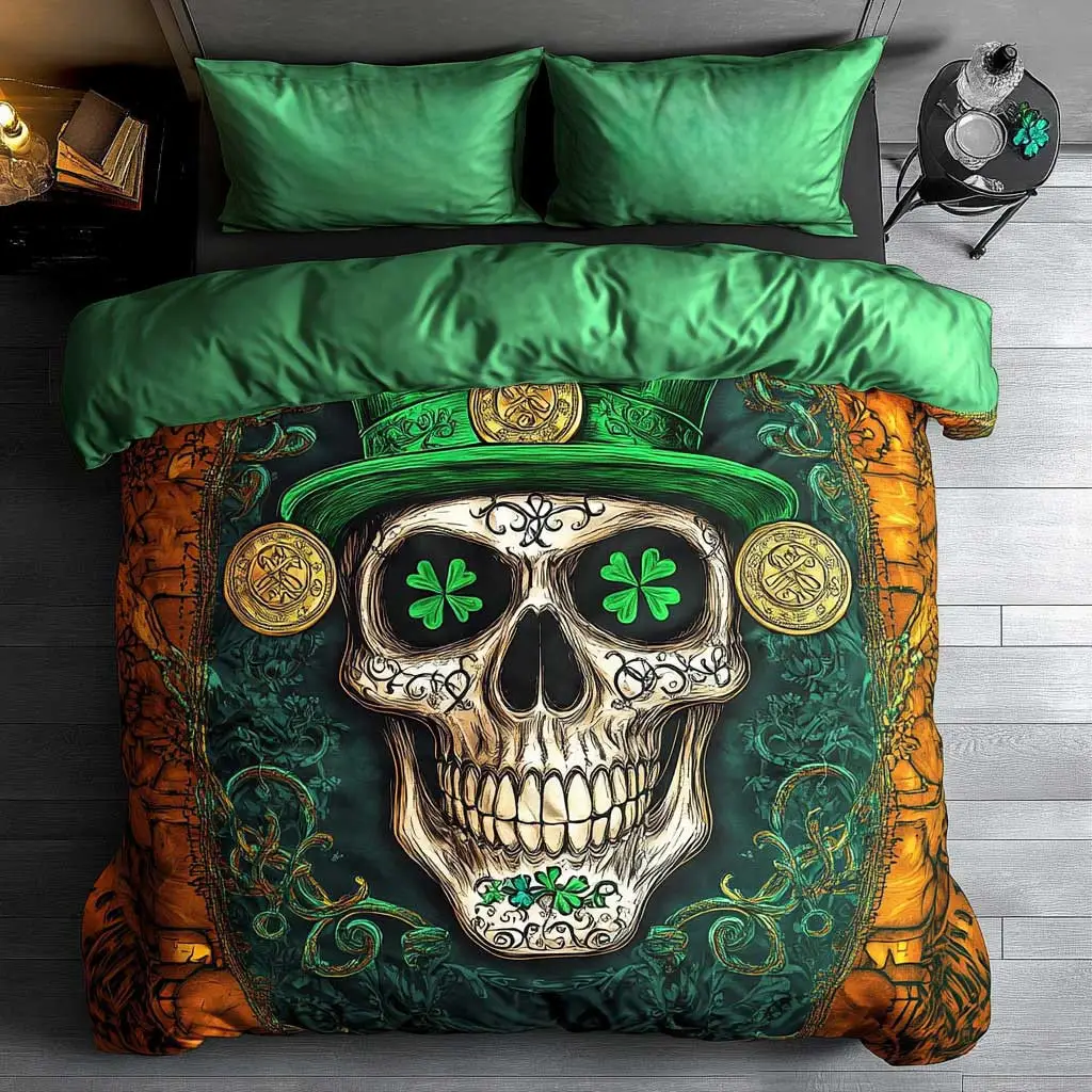 Lucky Celtic Skull Quilted Bedding Set Cozy Home Decor St Patty's Day Gift For Cousin