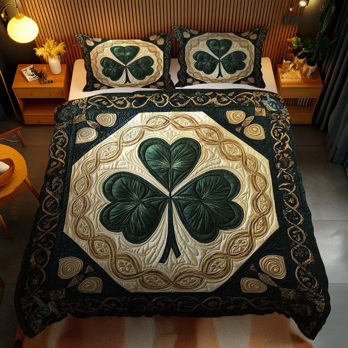 Lucky Charm Clover Quilted Bedding Set Cozy Home Decor St Patty's Day Gift For Cousin Lucky Charm Clover Quilted Bedding Set Cozy Home Decor St Patty's Day Gift For Cousin - Image 1