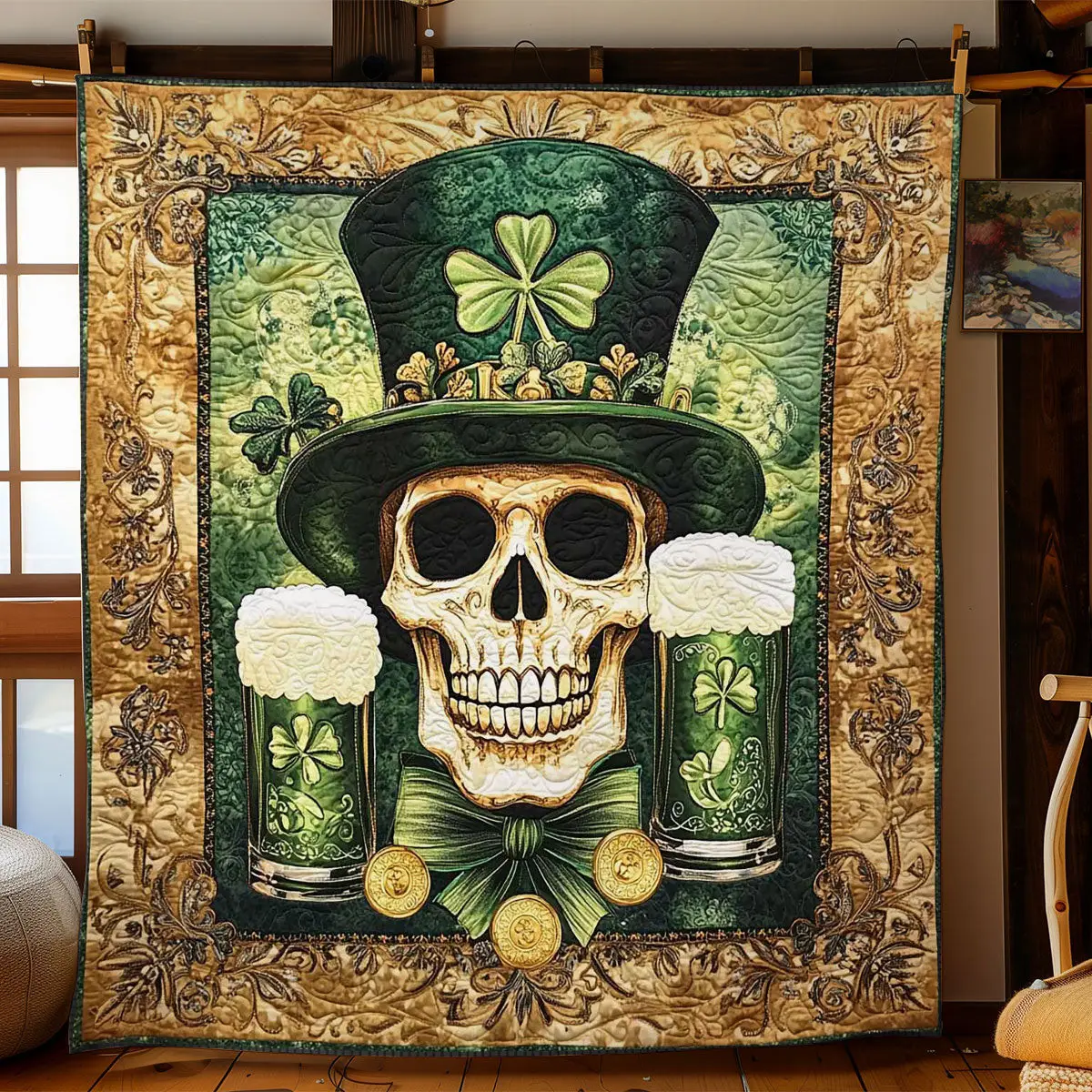 Lucky Charm Skull Quilted Blanket Shamrock Design Happy St Patrick's Day Bedding Ideas
