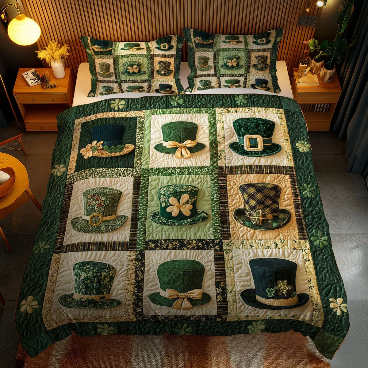 Lucky Clover Hat Quilted Bedding Set Shamrock Duvet Cover St Patricks Day Gift Ideas