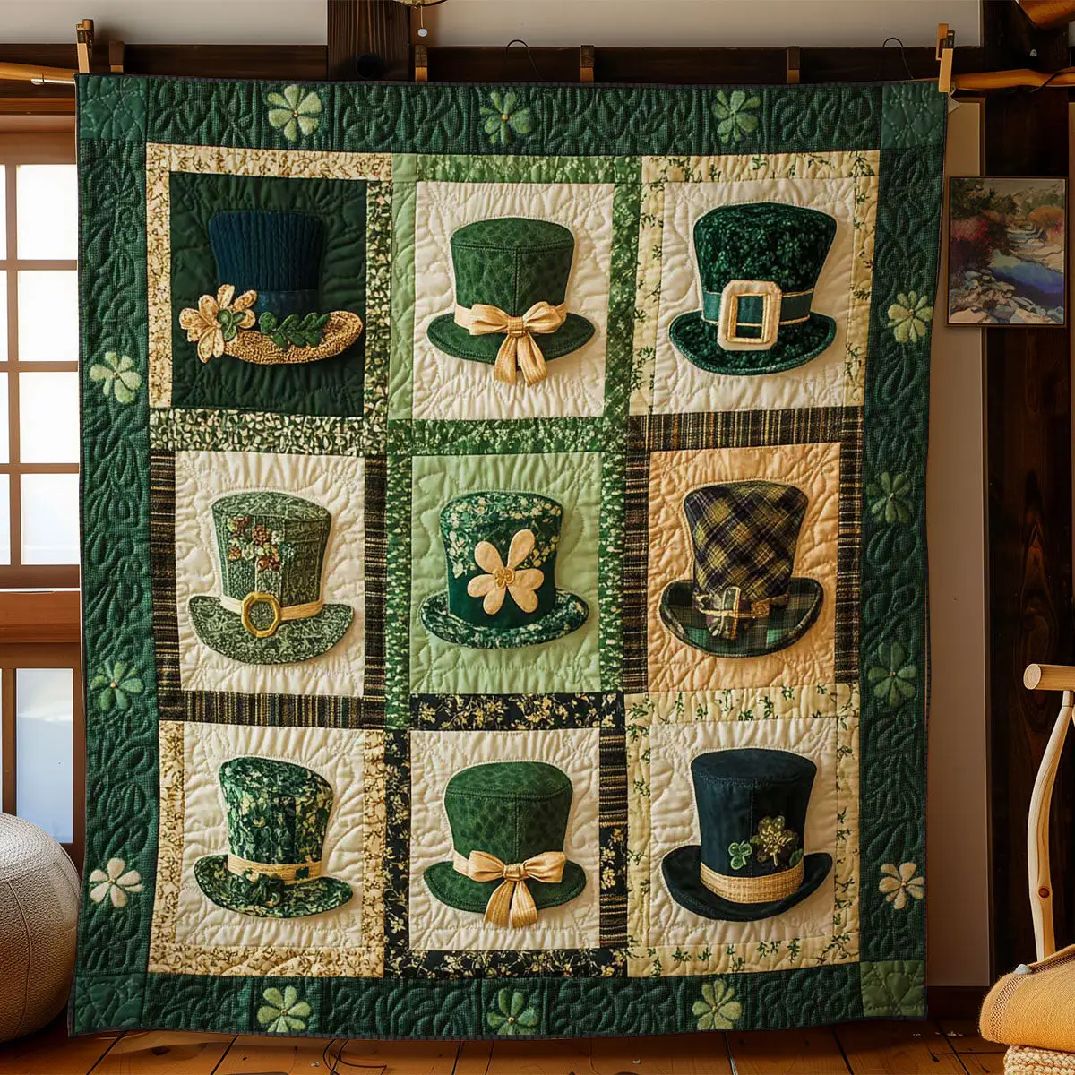 Lucky Clover Hat Quilted Blanket Holiday Home Decor St Paddys Day Present Ideas