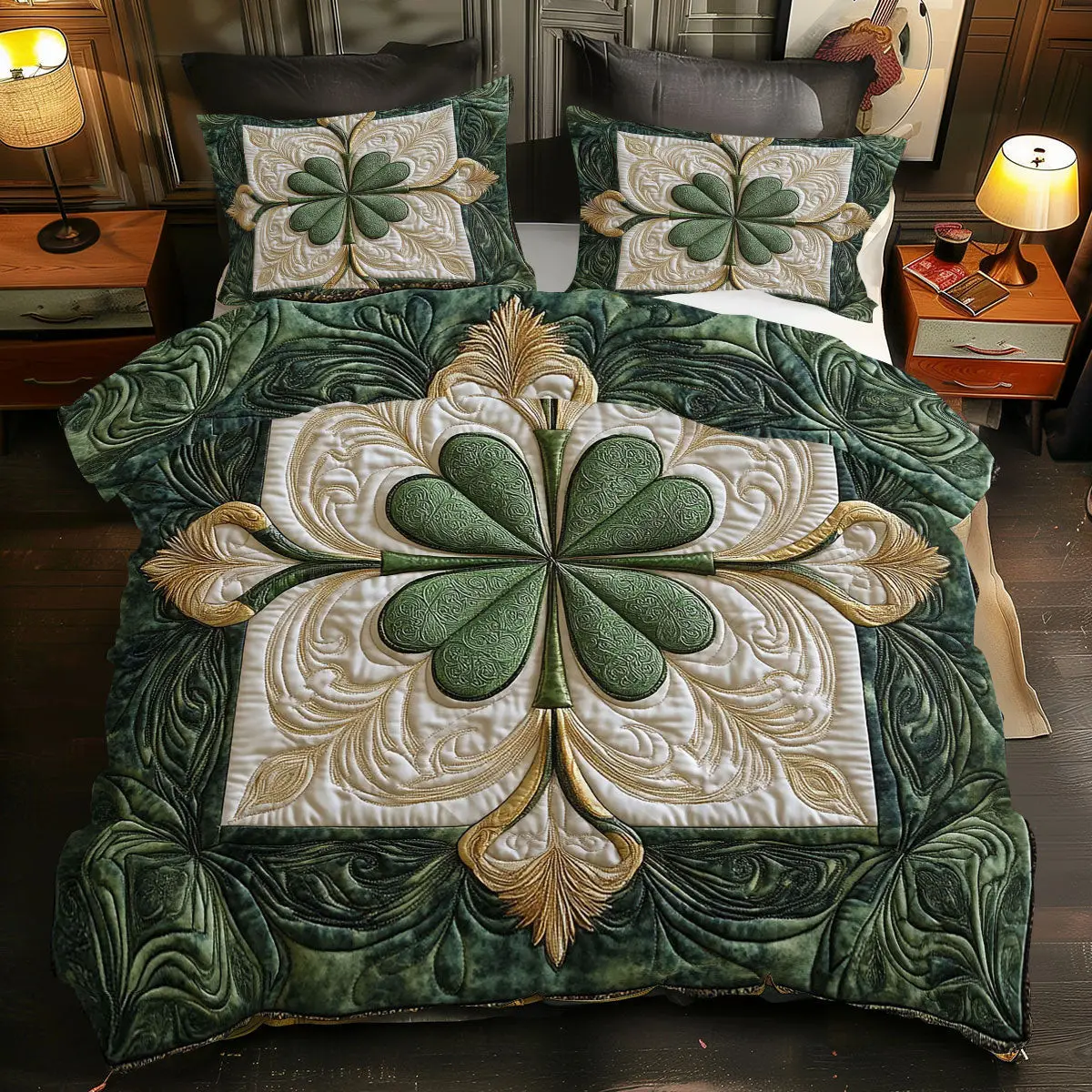Lucky Clover Quilted Bedding Set Bedroom Decor Idea St Patty's Day Gift Ideas For Her