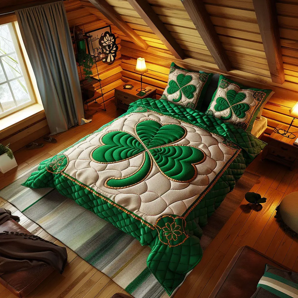 Lucky Clover Quilted Bedding Set Cozy Aesthetic Home Decor St Patrick Gifts Idea