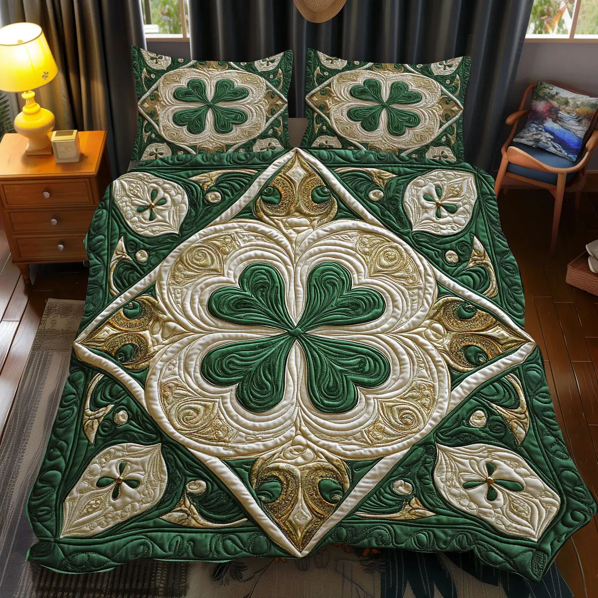 Lucky Clover Quilted Bedding Set Holiday Room Decor St Patrick's Day Gifts For Mom