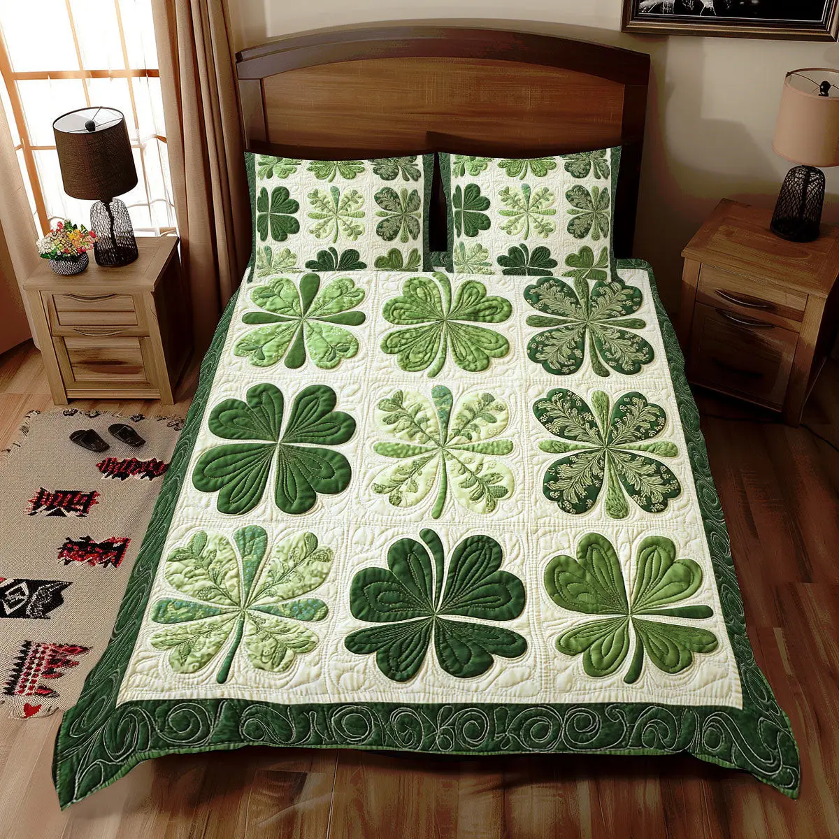 Lucky Clover Quilted Bedding Set Rustic Home Decor St Patrick Gifts Idea For Lovers