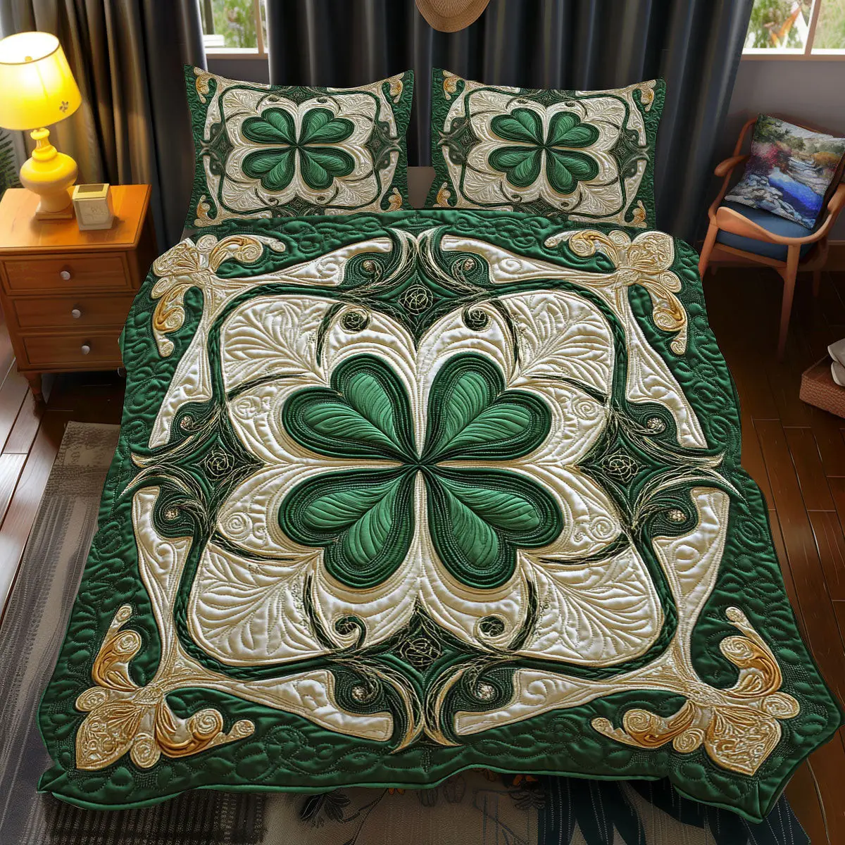 Lucky Clover Quilted Bedding Set Rustic Home Decor St Patrick Gifts Idea For Men