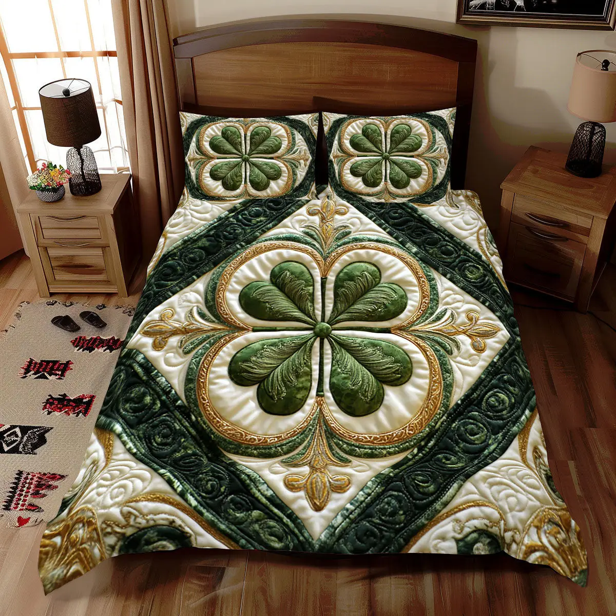 Lucky Clover Quilted Bedding Set Trendy Room Decor St Patrick Gifts For Best Friends