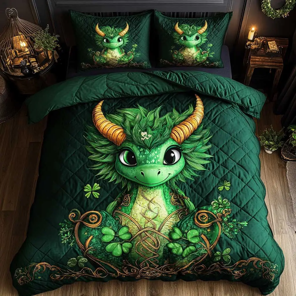Lucky Dragon Quilted Bedding Set Bedroom Decorations St Patricks Day Gift For Dragon Lovers