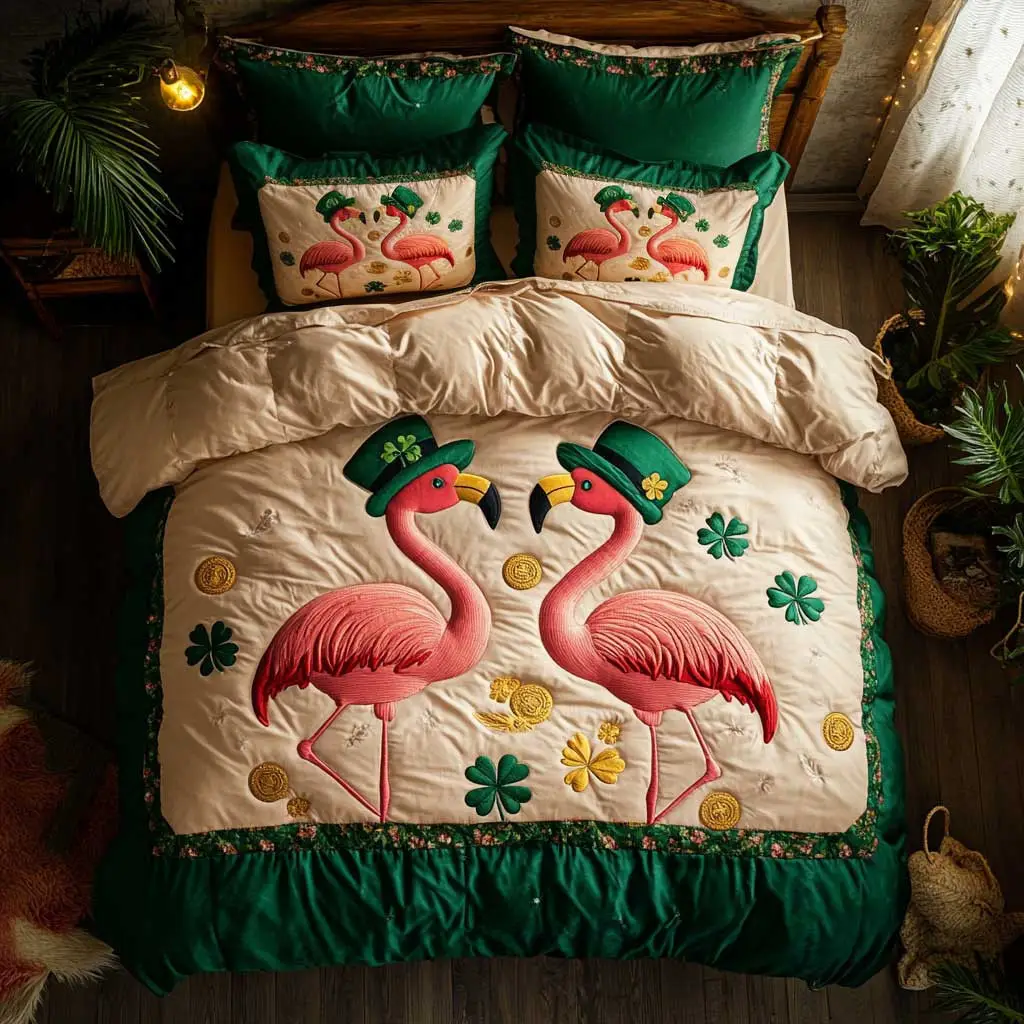 Lucky Flamingo Quilted Bedding Set Home Decor St Patricks Day Gifts For Flamingo Lovers