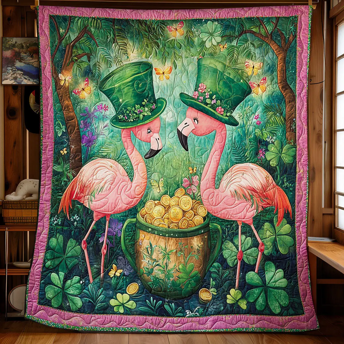 Lucky Flamingos Quilted Blanket Holiday Decor St Paddys Day Gift For Flamingo Lovers Lucky Flamingos Quilted Blanket Holiday Decor St Paddys Day Gift For Flamingo Lovers - Image 1