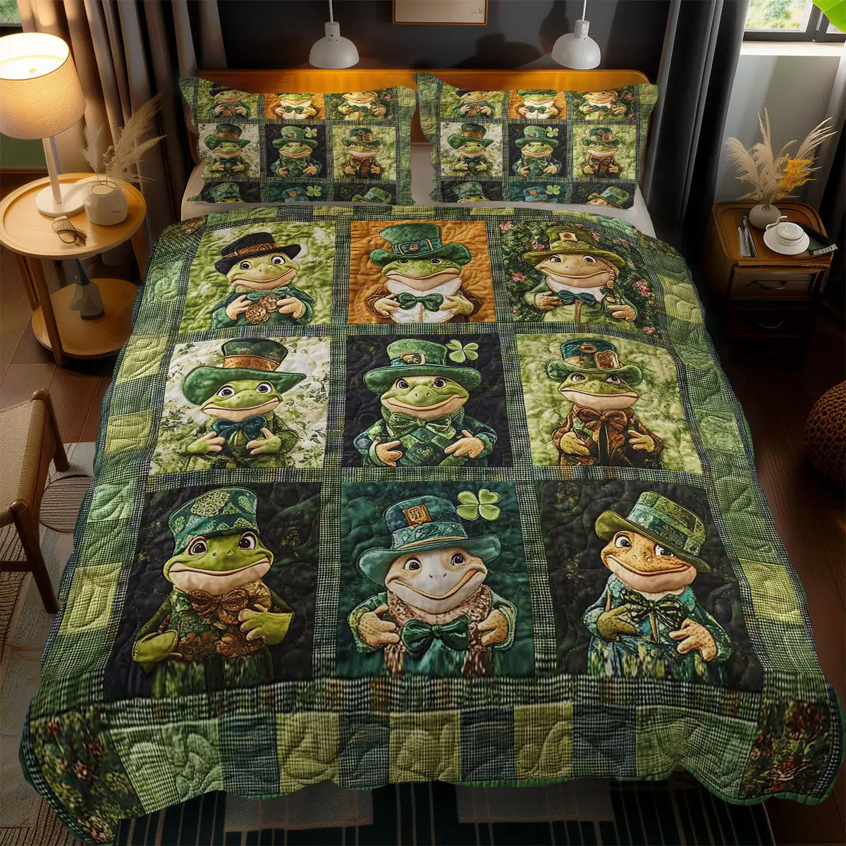 Lucky Frog Quilted Bedding Set Bedroom Decor Idea St Patricks Day Presents For Frog Lovers