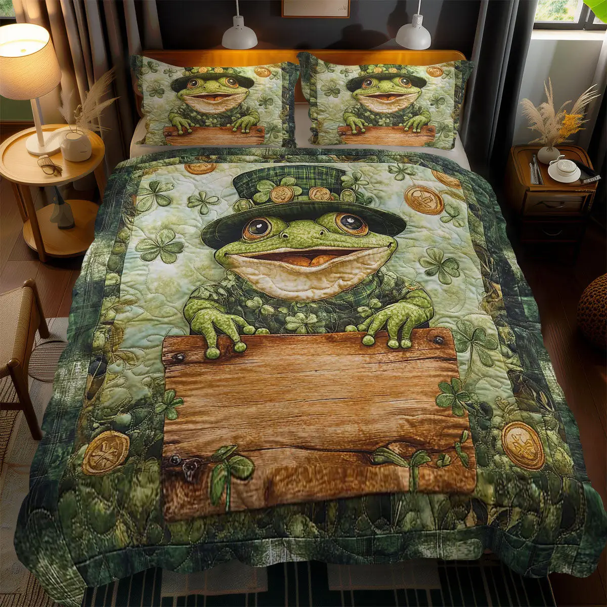 Lucky Frog Quilted Bedding Set Shamrock Duvet Cover St Patricks Day Gift For Frog Lovers