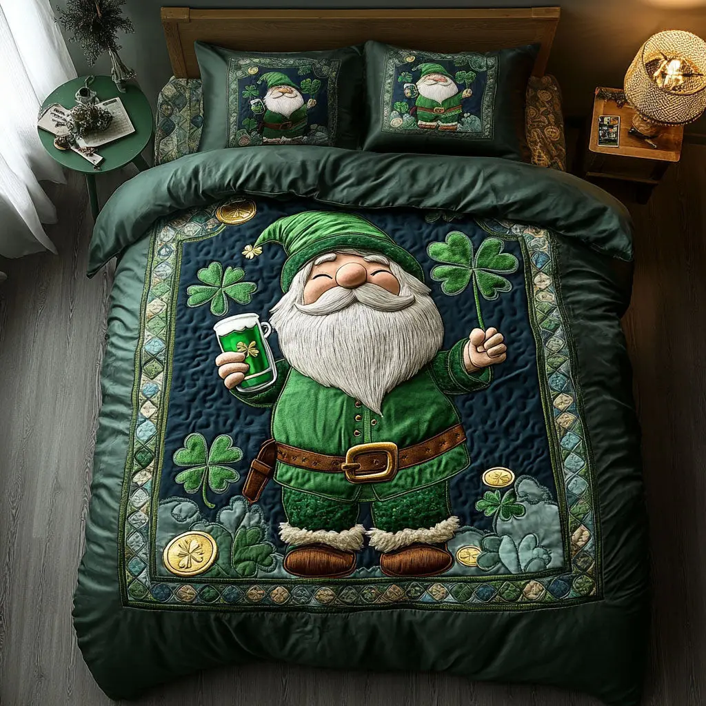 Lucky Giggle Gnome Quilted Bedding Set Bedroom Decorations St Patricks Day Gift Idea