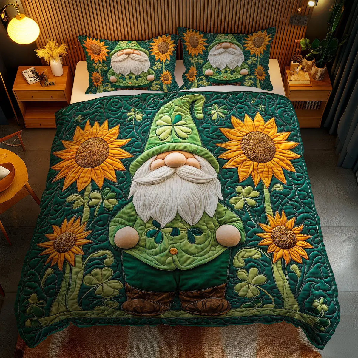 Lucky Gnome And Suowers Quilted Bedding Set Cozy Home Decor St Patty's Day Gift Ideas