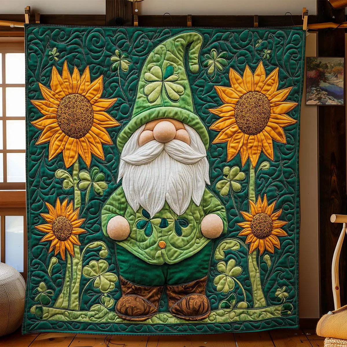 Lucky Gnome And Suowers Quilted Blanket Aesthetic Home Decor Unique St Pats Gifts Idea