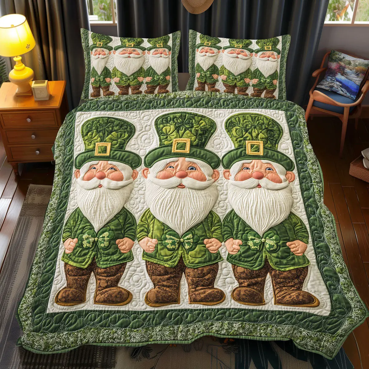 Lucky Gnome Quilted Bedding Set Bedroom Decor Idea St Patty's Day Gift Ideas For Son