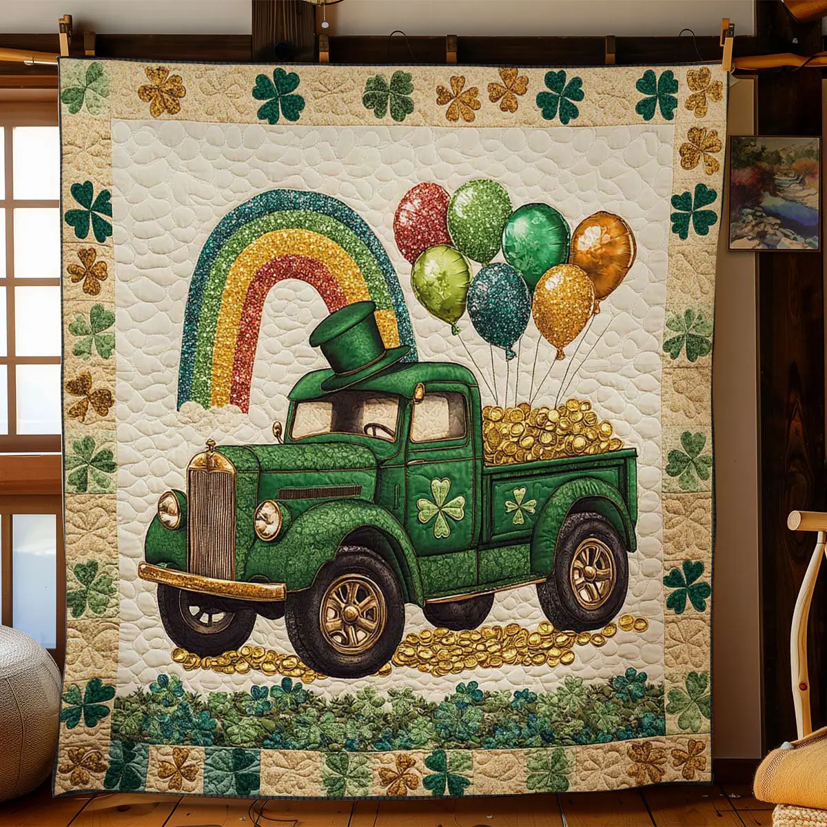 Lucky Green Truck Quilted Blanket Room Accessories St Patricks Day Gift Ideas For Friend