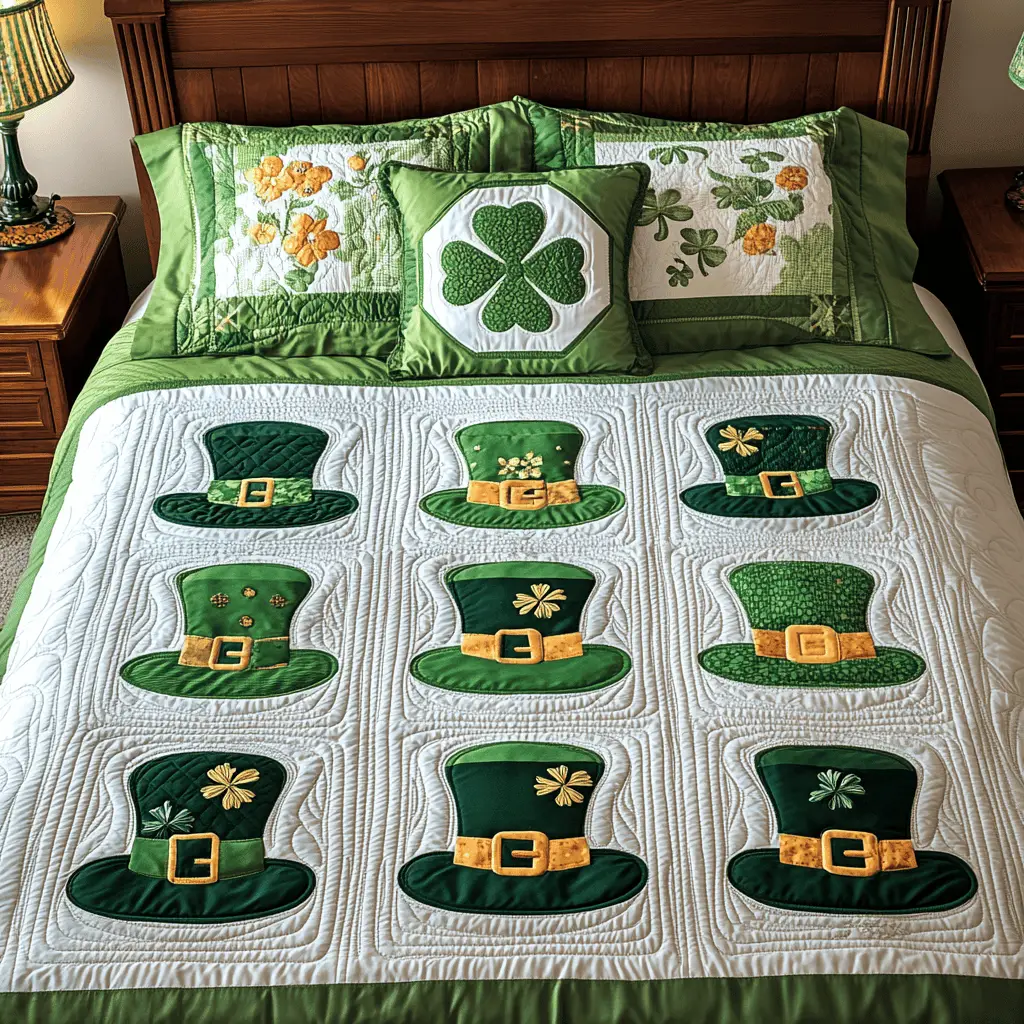 Lucky Hat Quilted Bedding Set Cozy House Decor Idea St Patrick's Day Gift Ideas
