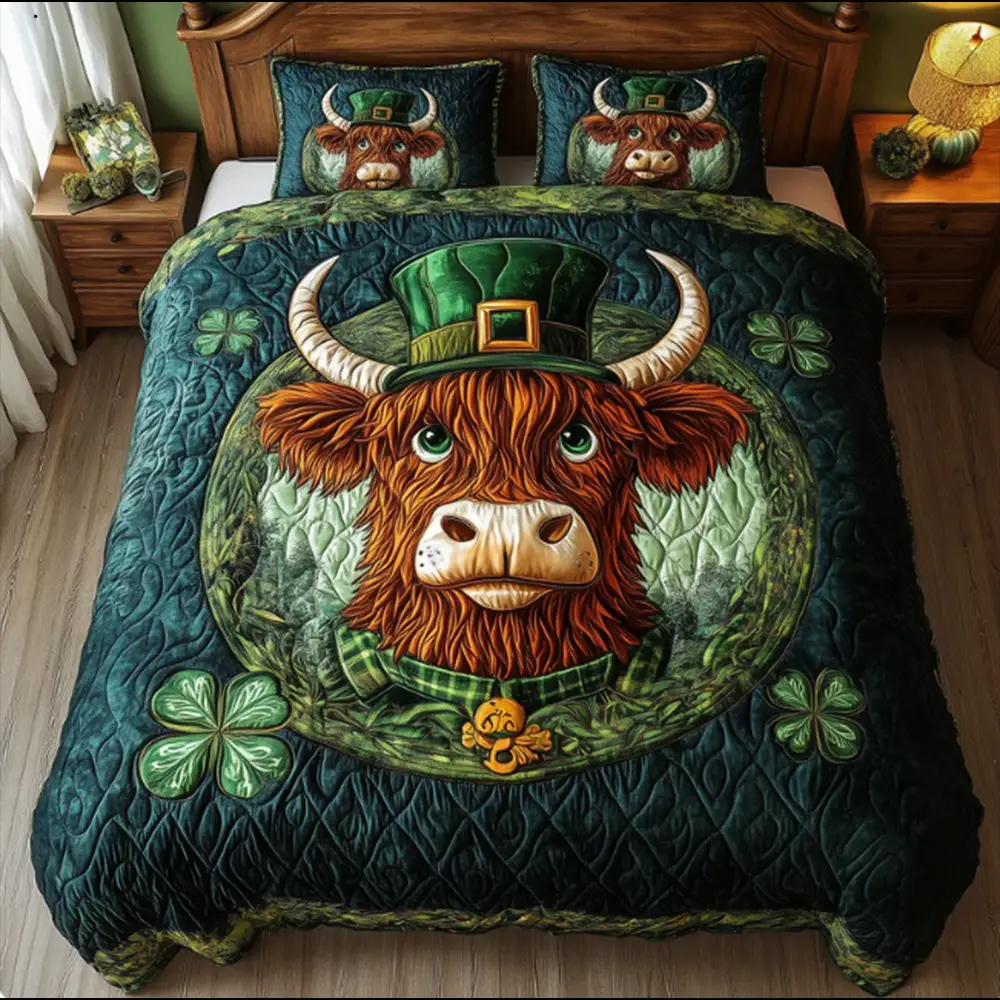 Lucky Highland Cow Charm Quilt Bedding Set St Patrick's Day Gift For Cow lovers
