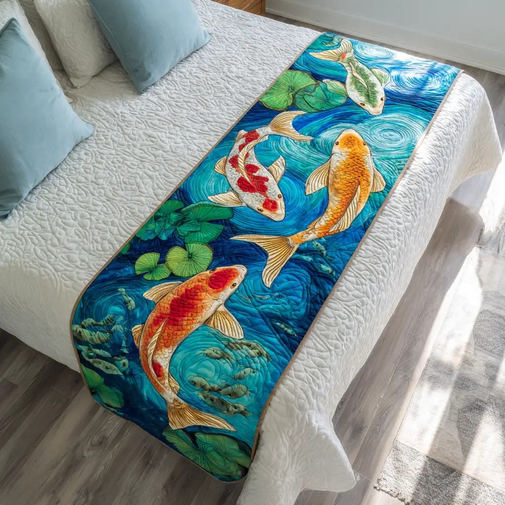 Lucky Koi Quilted Bed Runner Lucky Koi Pond Gift for Nature Lovers