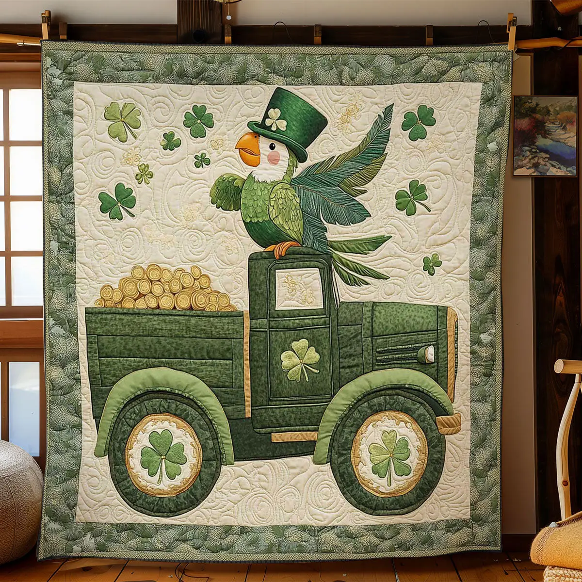 Lucky Parrot Quilted Blanket Trendy Home Decor St Patricks Day Presents For Parrot Lovers