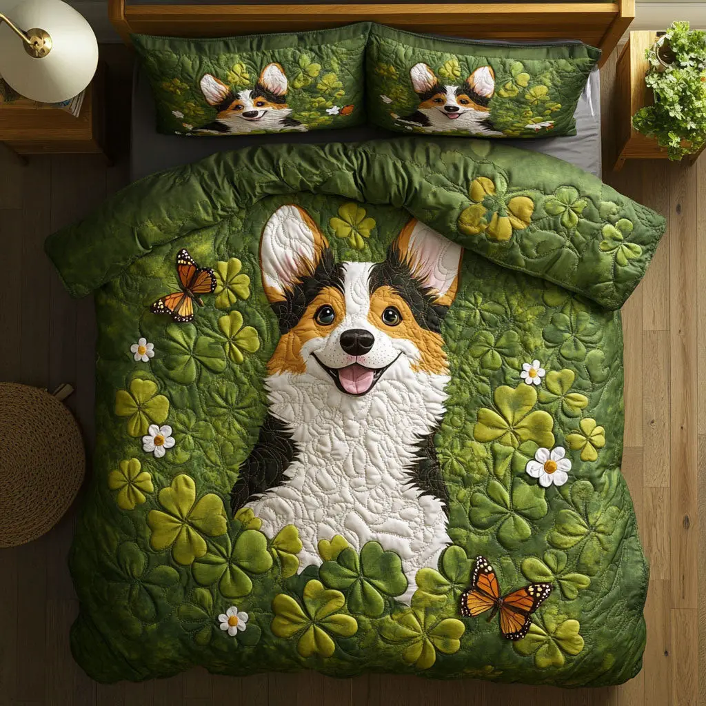 Lucky Pup Dreams Quilted Bedding Set Bedroom Decorations St Patricks Day Gift Ideas