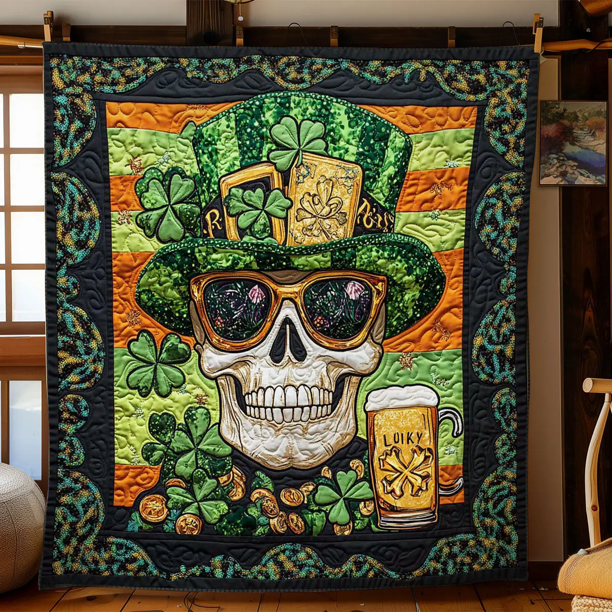 Lucky Skull Quilted Blanket Room Accessories St Paddys Day Skeleton Lover Presents