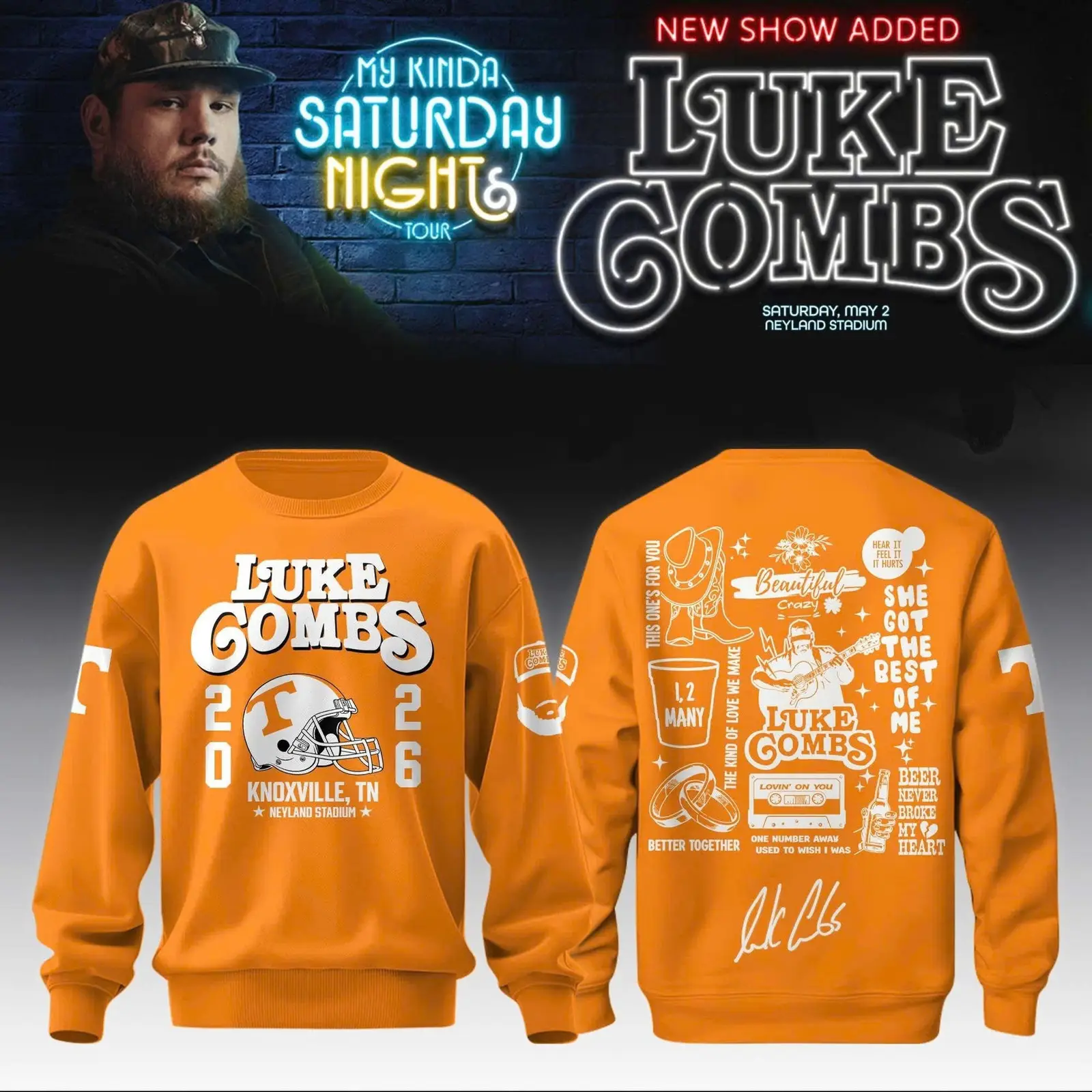 Luke Combs Merch Tennessee Volunteers 2026 Sweatshirt My Kinda Saturday Night Concert Gifts