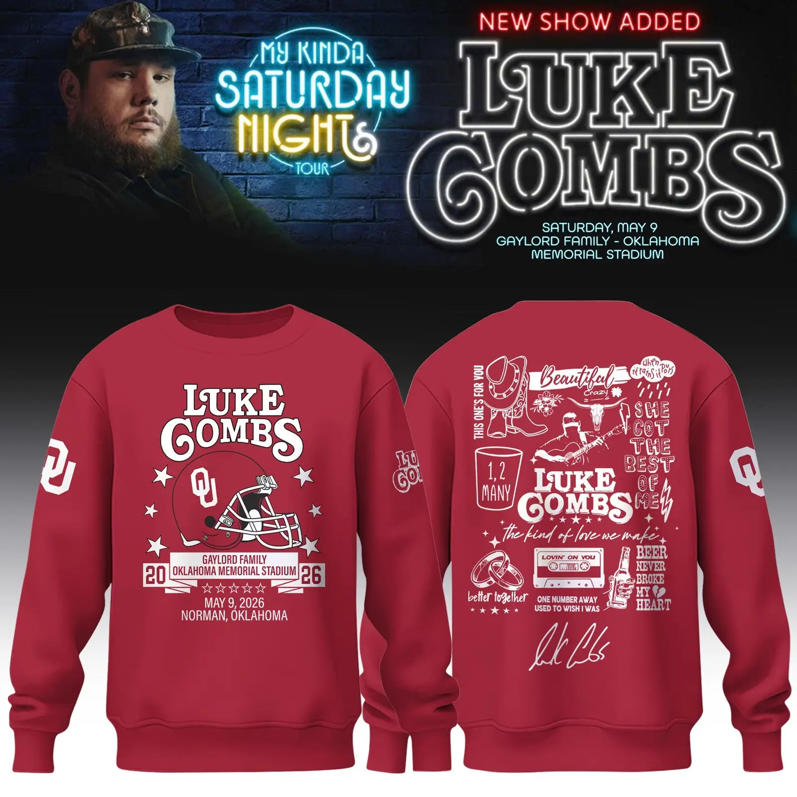 Luke Combs Merch x Oklahoma Sooner 2026 Sweatshirt My Kinda Saturday Night Concert Apparel