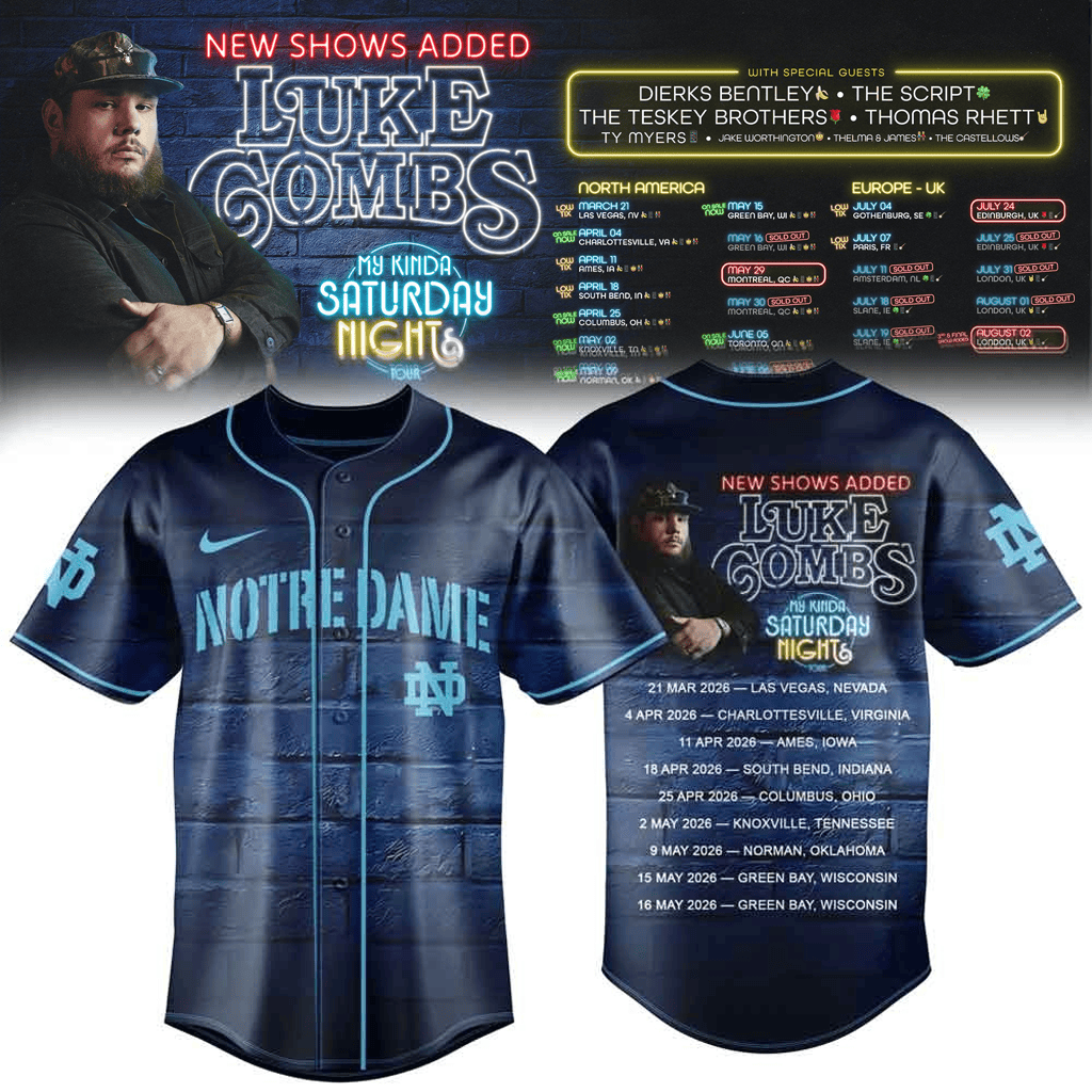 Luke Combs My Kinda Saturday Night Tour Notre Dame Baseball Jersey Luke Combs Merch