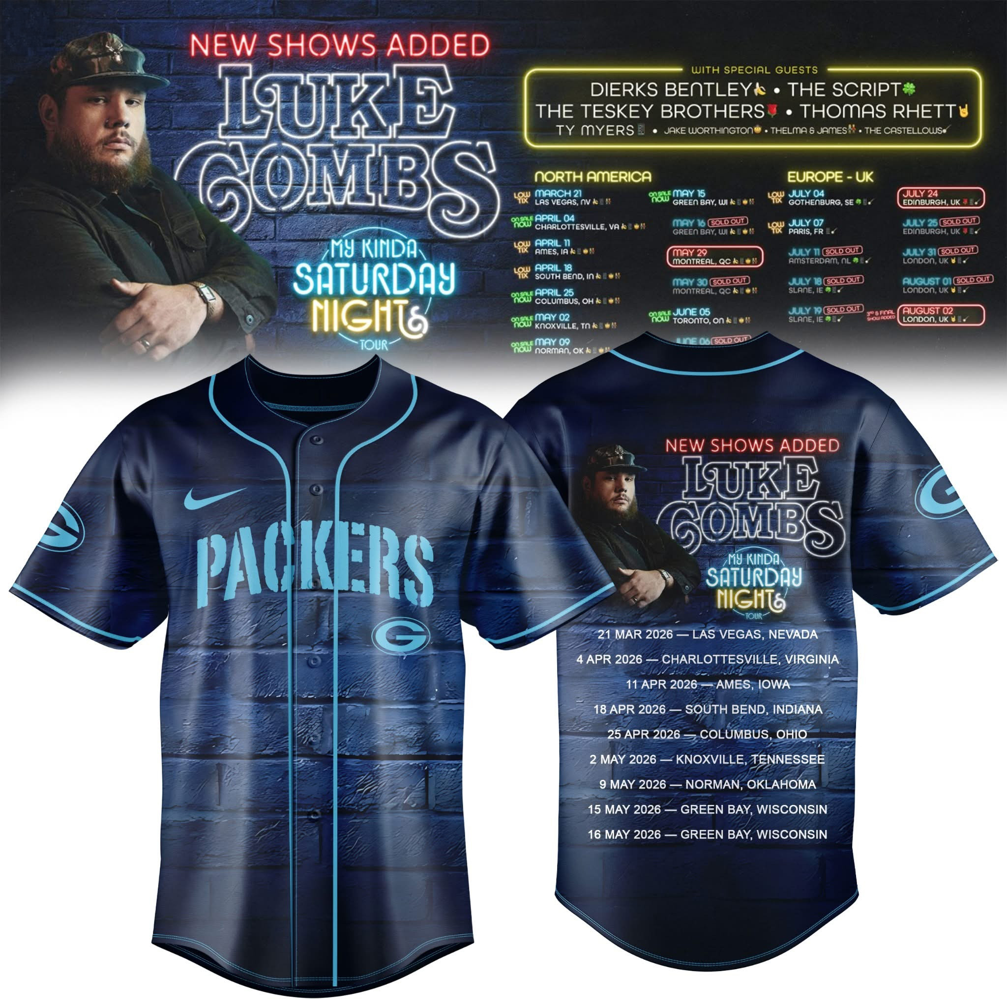 Luke Combs Packers Tour Merch New Show Added Jersey Gift For Him
