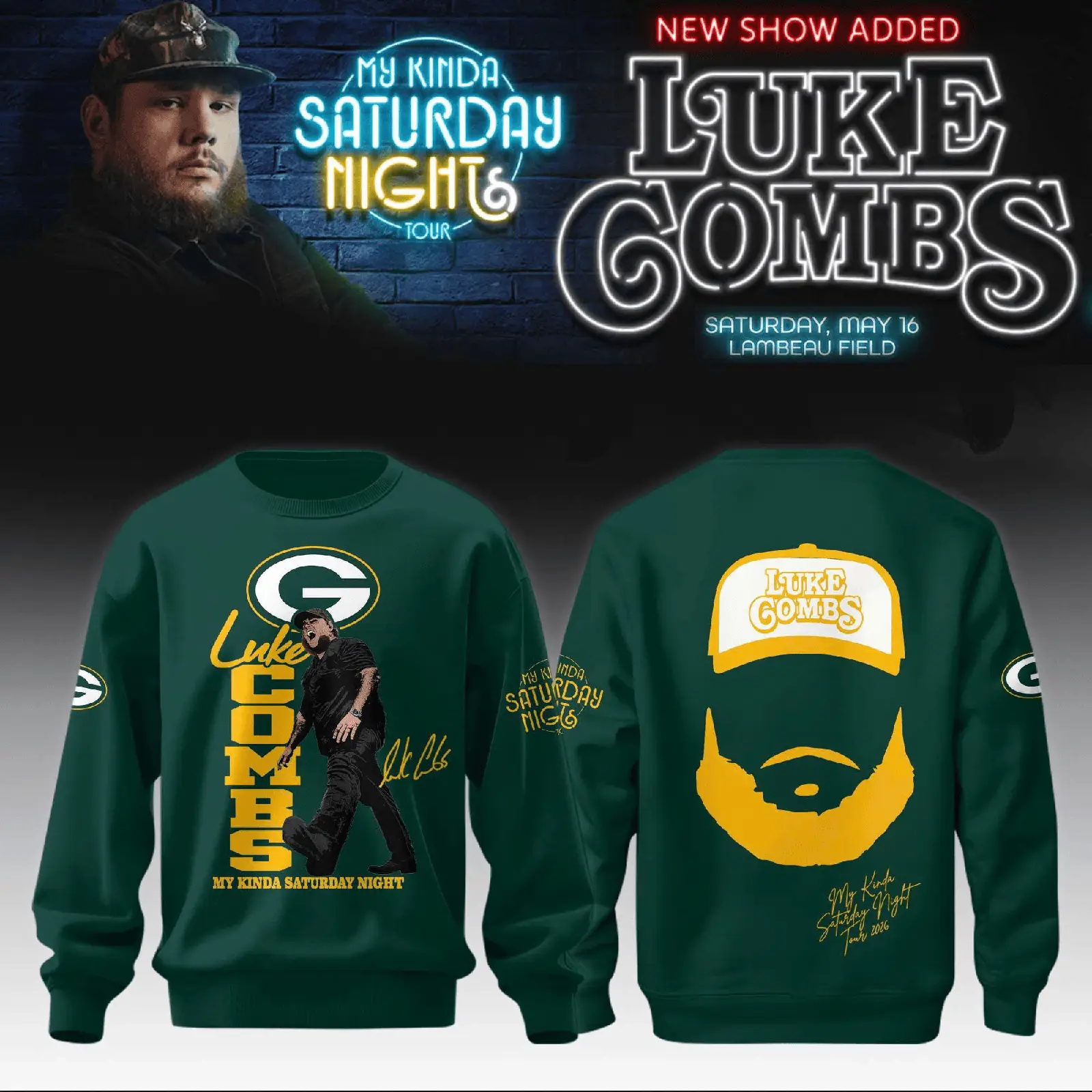 Luke Combs x Green Bay Packers My Kinda Saturday Night Tour 2026 Sweatshirt Concert Outfits
