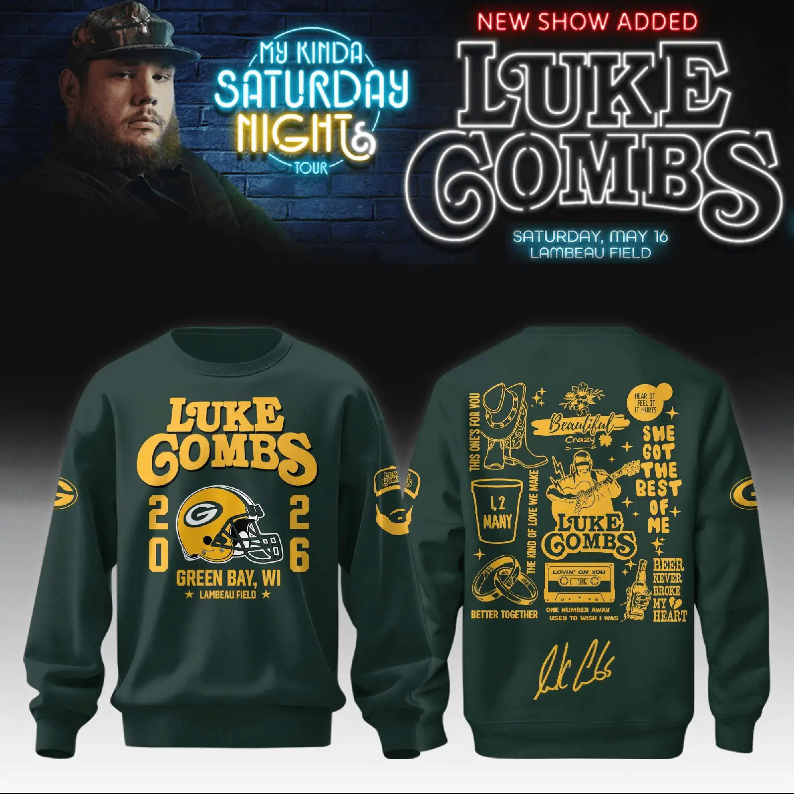 Luke Combs x Green Bay Packers My Kinda Saturday Night Tour 2026 Sweatshirt GBP Fans Gift