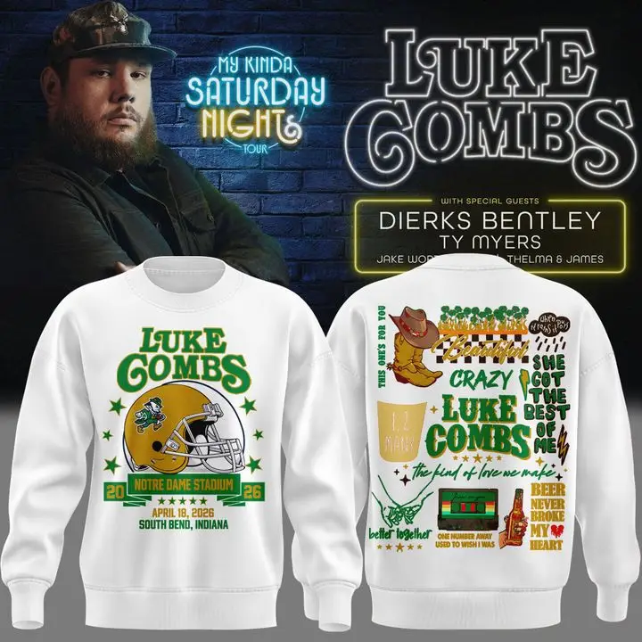 Luke Combs x Notre Dame Merch My Kinda Saturday Night Tour 2026 Sweatshirt Luke Combs x Notre Dame Merch My Kinda Saturday Night Tour 2026 Sweatshirt - Image 1