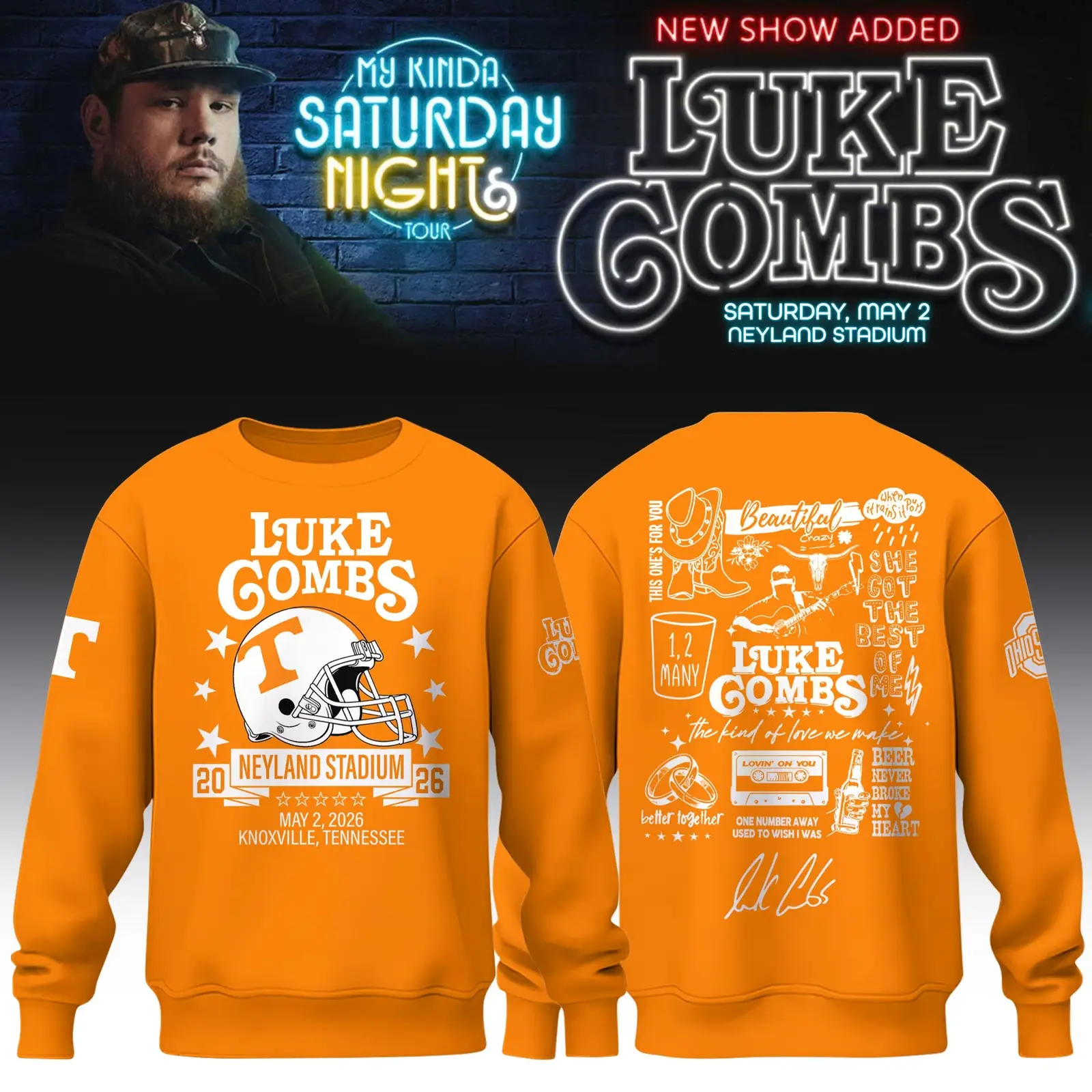 Luke Combs X Tennessee Volunteers Merch My Kinda Saturday Night Tour 2026 Sweatshirt Gift For Fans