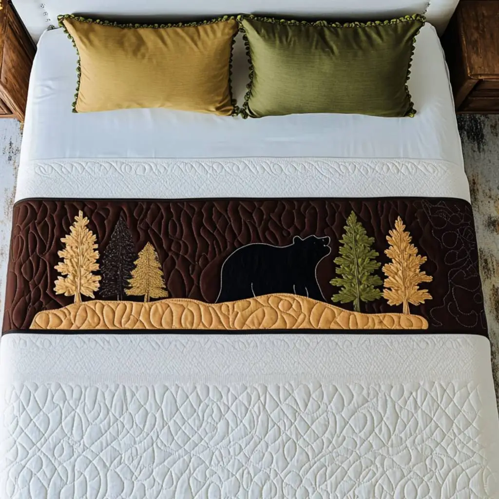 Lumbering Peace Quilted Bed Runner Peaceful Bear Lumber Trail Gift