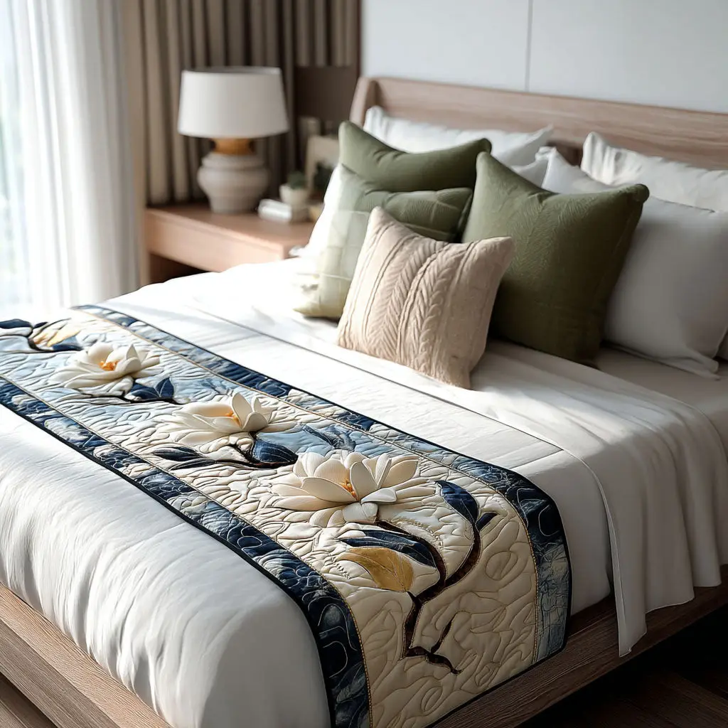 Magnolia Blooming Quilted Bed Runner Floral Bloom Look Gift for Wife