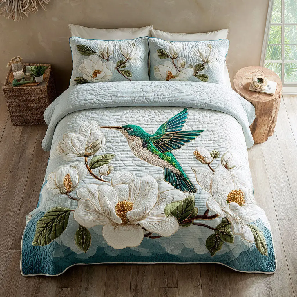 Magnolia Hummingbird Quilted Bedding Set Duvet Cover Bedspread Present Ideas For Husband Magnolia Hummingbird Quilted Bedding Set Duvet Cover Bedspread Present Ideas For Husband - Image 1