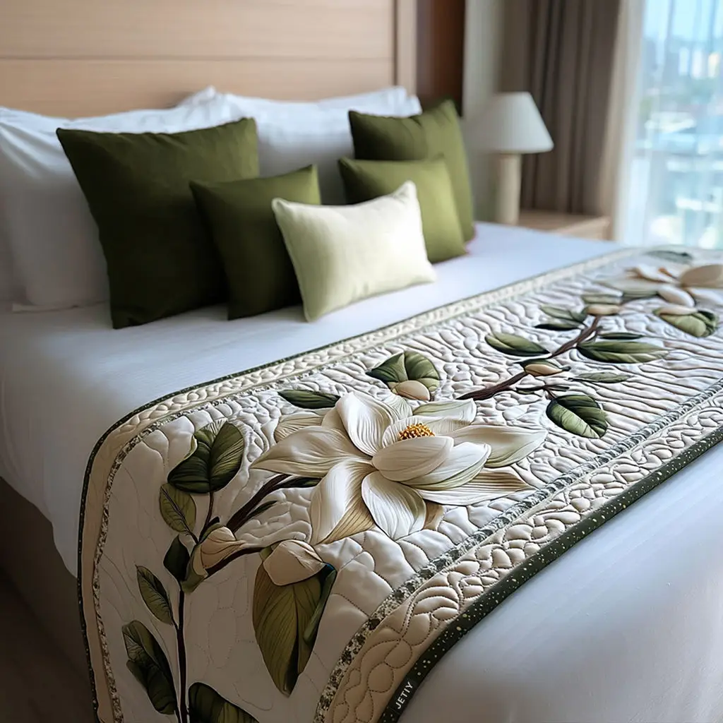 Magnolia Quilted Bed Runner Floral Bedroom Style Gift for Aunt