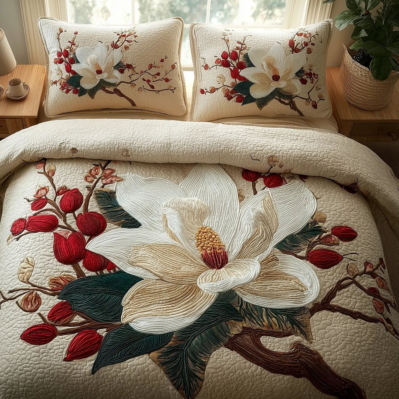 Magnolia Quilted Bedding Set New Home Gift Magnolia Quilted Bedding Set New Home Gift - Image 1