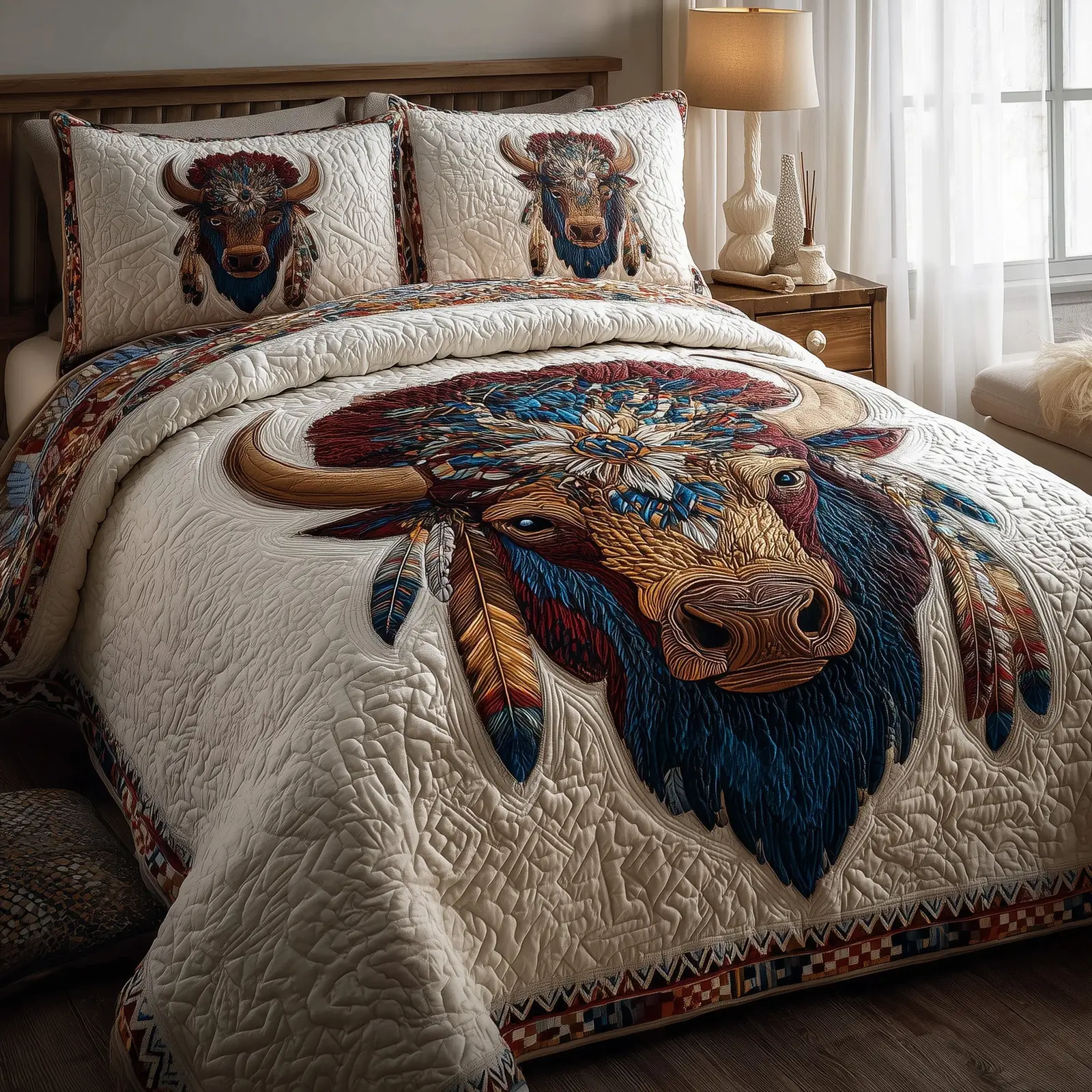 Majestic Bison Quilted Bedding Set Floral Print