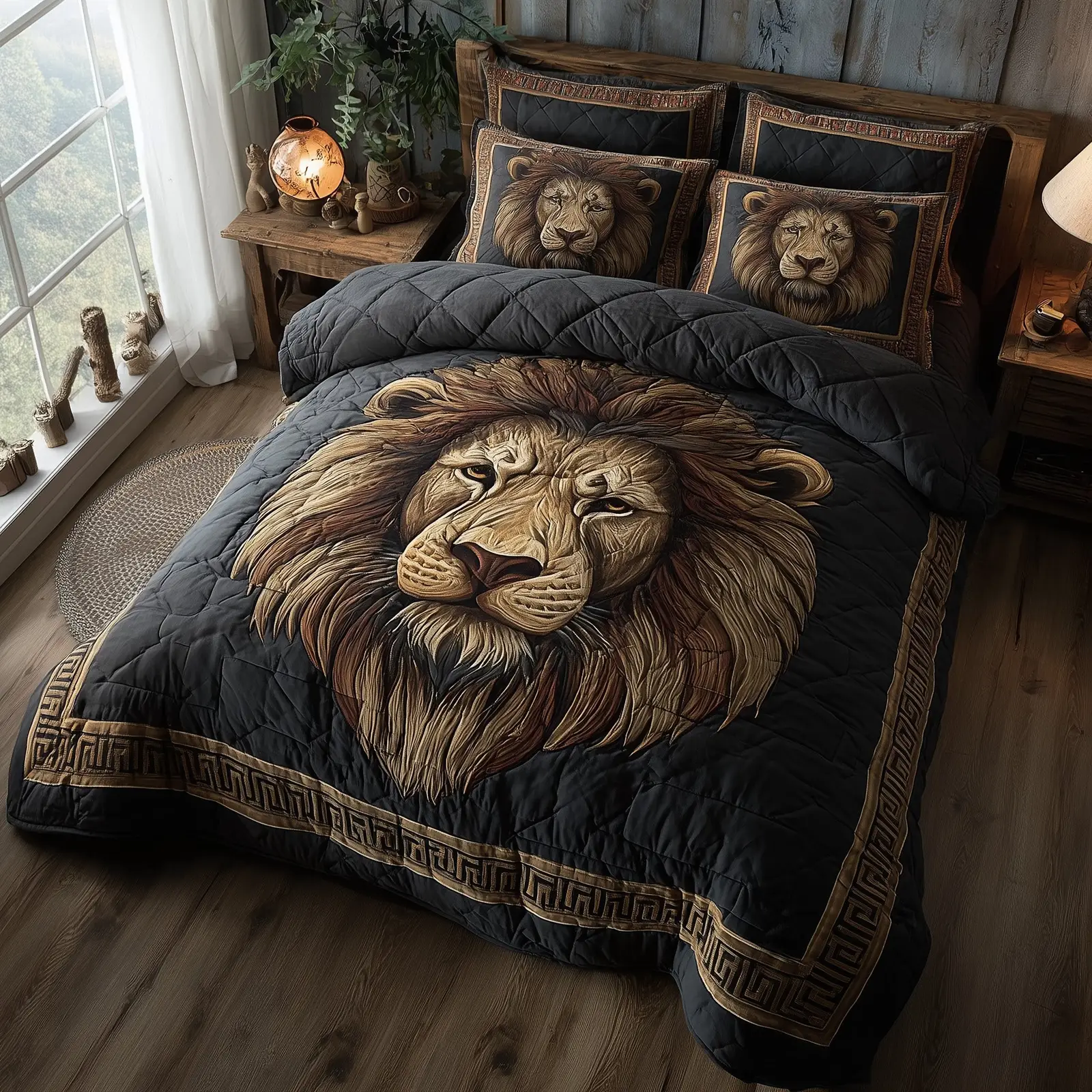 Majestic Lion Quilted Bedding Set Floral Print
