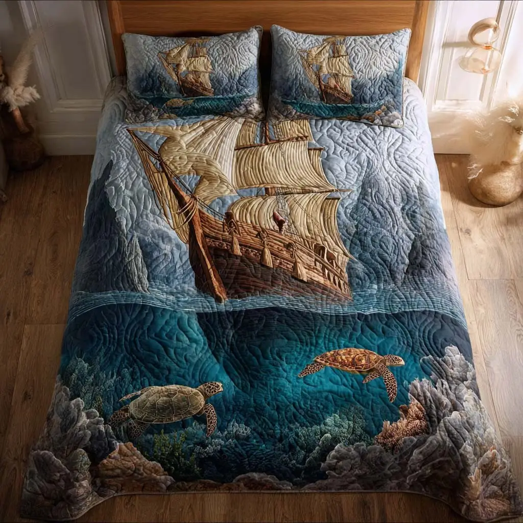 Majestic Ship Quilted Bedding Set Vintage Nautical Bedroom Decor Gift For Ocean Lovers