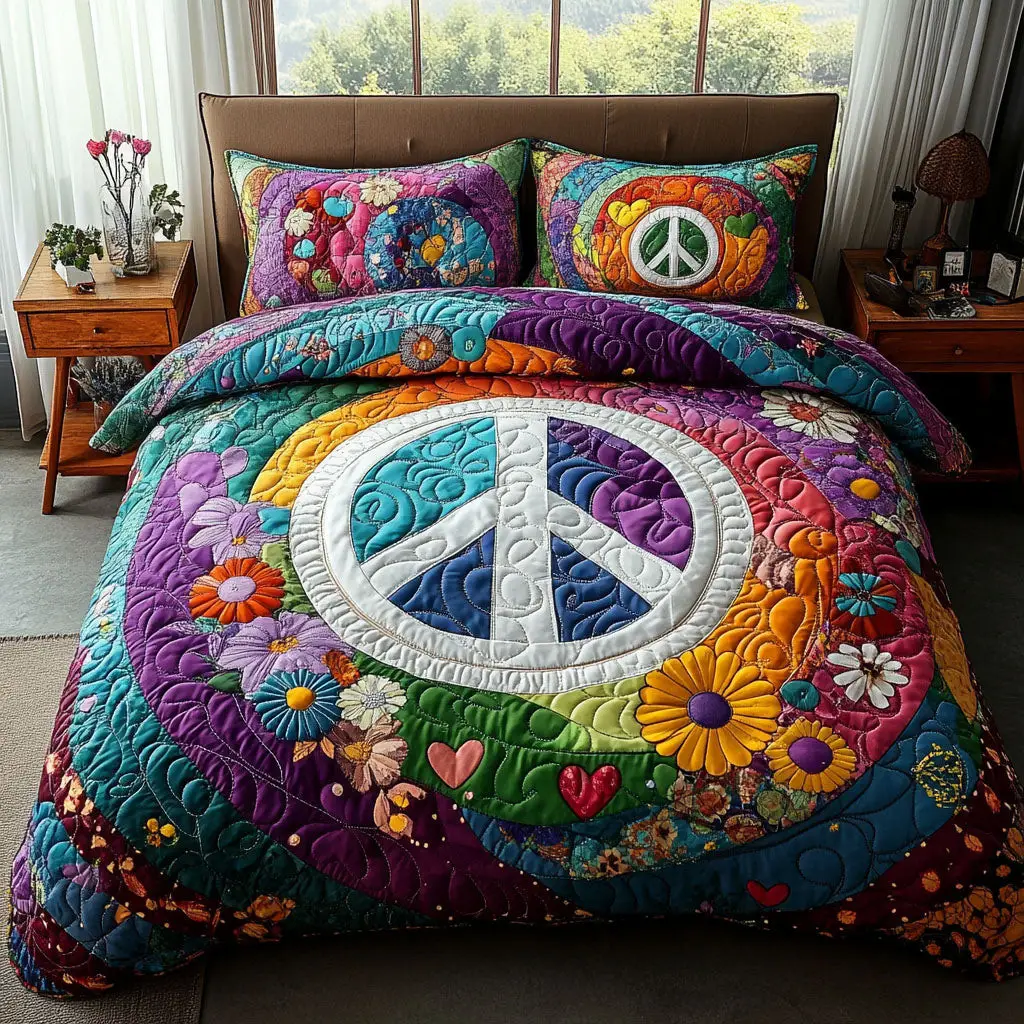 Make Love Not War Quilted Bedding Set Unique Bed Sheet Set Gifts For Your Hippie Friend Make Love Not War Quilted Bedding Set Unique Bed Sheet Set Gifts For Your Hippie Friend - Image 1