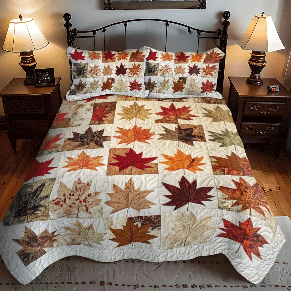 Maple Leaf Quilted Bedding Set Autumn Duvet Cover Mother's Day Gifts For Wife